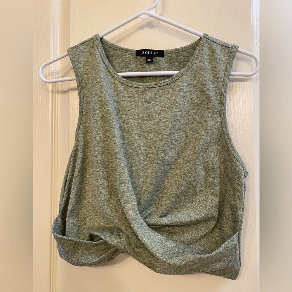 Zobha Green Sleeveless Crop Tank with Faux Tie Front